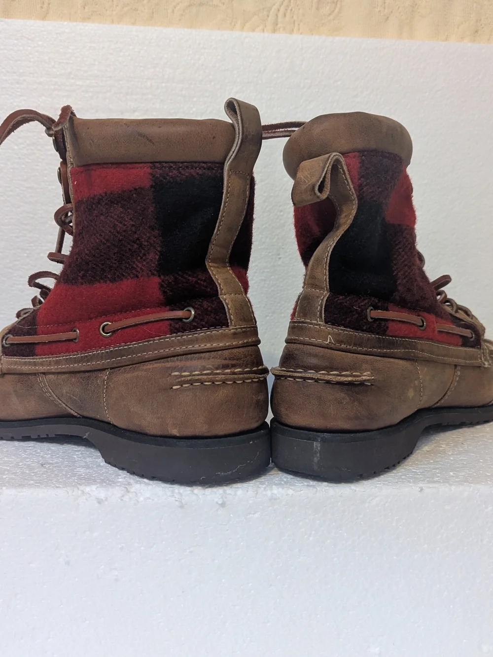 Sebago Brown Leather Boots with Red Plaid Panels